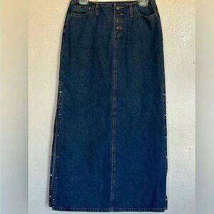 NOBO No Boundaries Skirt Denim Maxi Buttons Pockets Slits Pink Rhinestone Embell